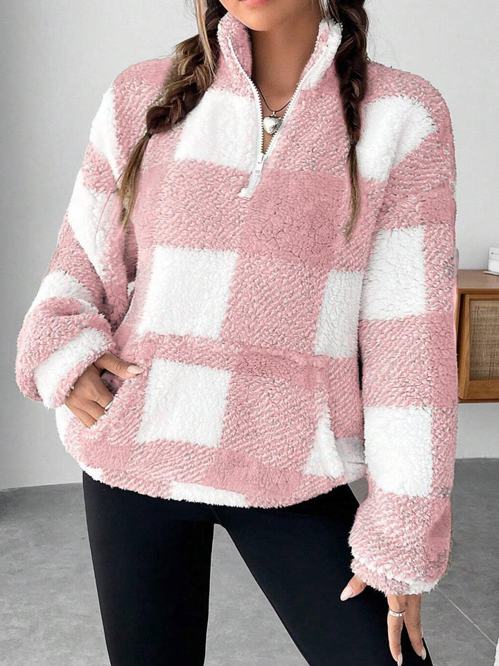 Damen nan kuscheliger Sherpa-Pullover mit Stehkragen, Half-Zip und Kängurutasche Echo Archiv