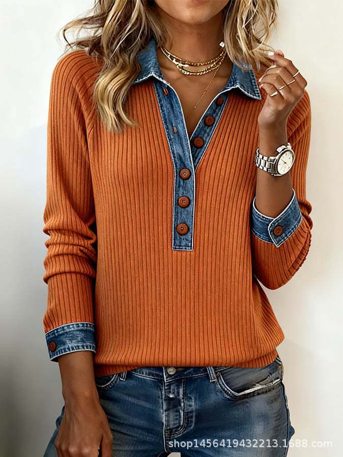 Damen nan gerippter Strickpullover mit Jeanskragen und Knopfleiste Echo Archiv