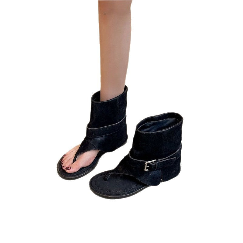 Damen Offene Sandalen‑Stiefelette mit Sockenkragen und Schnallenriemen – Sorelia