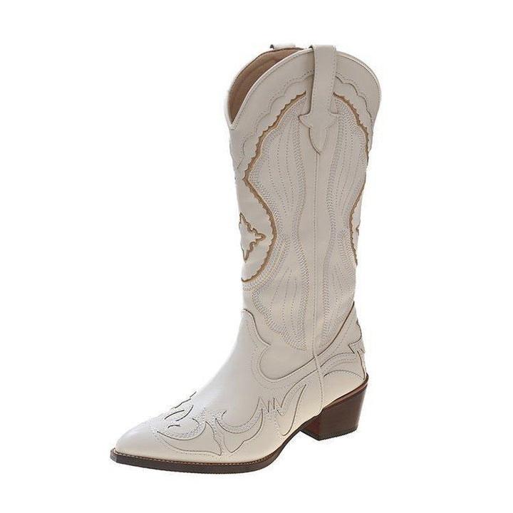 Damen Kniehohe Western‑Cowboy‑Stiefel mit filigraner Stickerei, spitzer Leiste und mittelhohem Blockabsatz Echo Archiv