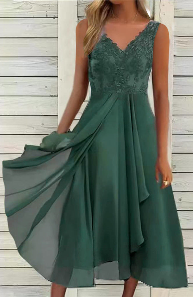 Damen nan elegantes Abend-Midikleid mit bestickter Spitzen-Büste, taillierter Drapierung und fließendem Lagenrock Echoarchiv