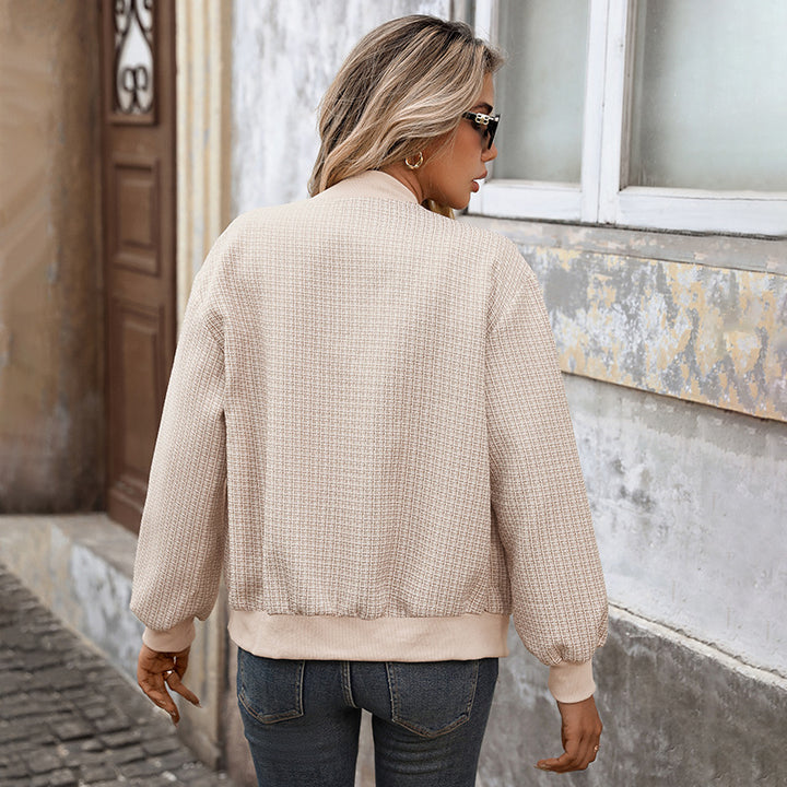 Damen Tweed-Bomberjacke mit Rippbündchen, Zierpaspel und Schmuckknöpfen – Avenza