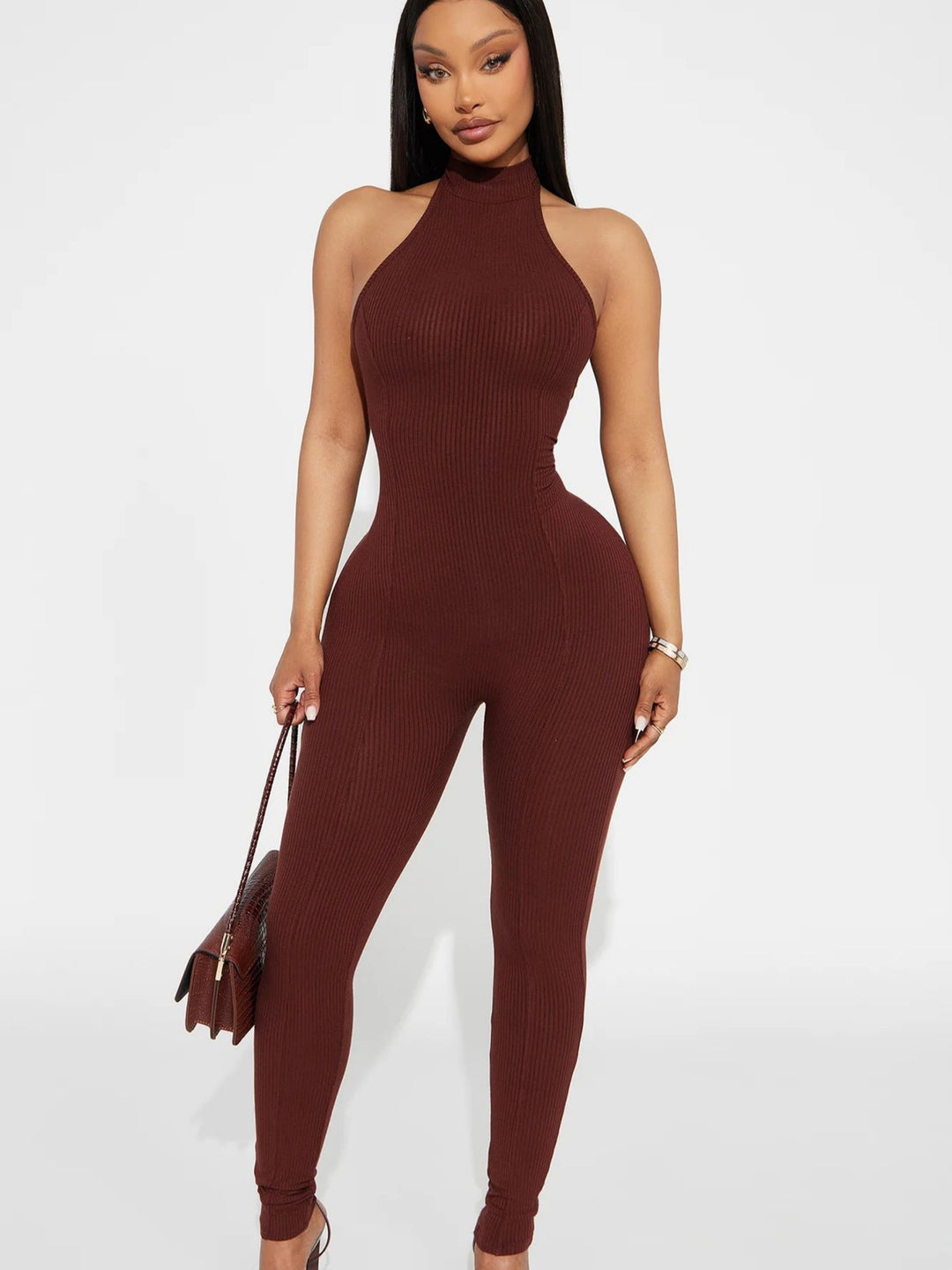 Damen figurbetonter Jumpsuit mit hohem Kragen und Rippstruktur Echo Archiv