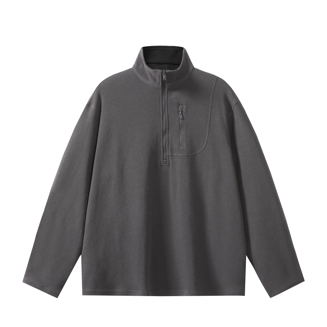 Unisex Leichter Waffelstrick-Halbzip-Pullover mit Stehkragen und Brustzippertasche Echoarchiv