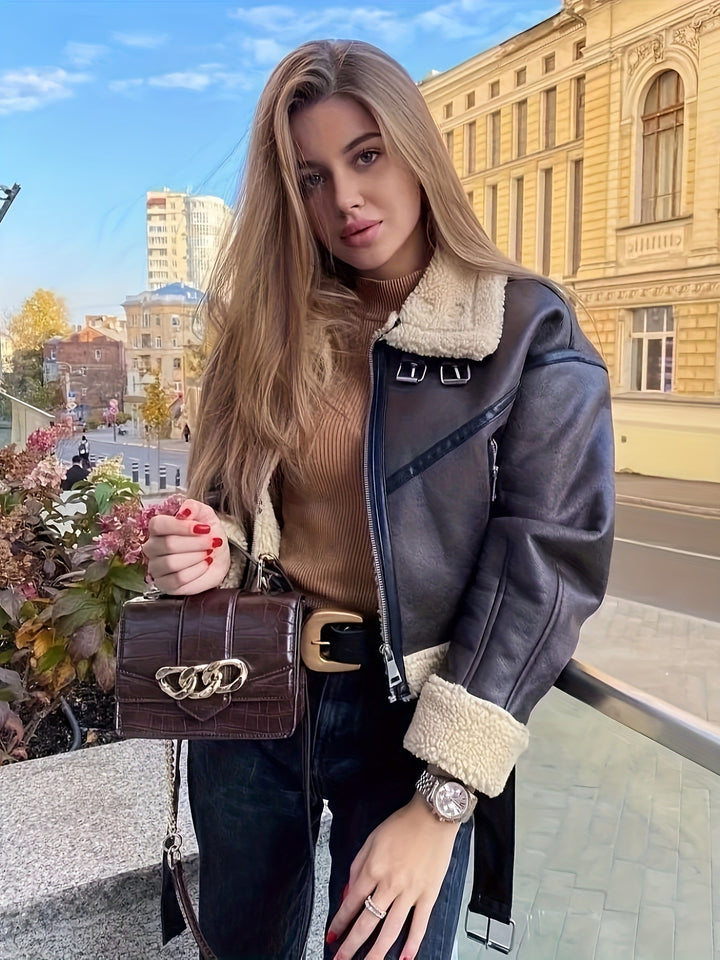 Damen Trendige und stilvolle Lederjacke mit Teddyfutter