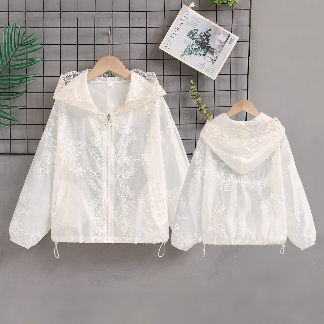 Damen nan transparente bestickte Kapuzenjacke mit Reißverschluss und Tunnelzug Echo Archiv