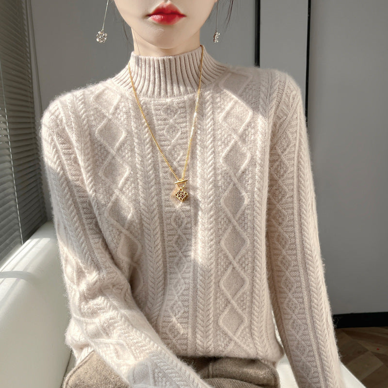 Damen Kuscheliger Mohair‑Optik Mockneckpullover mit Rautenzopfstruktur und kastiger Silhouette Echoarchiv