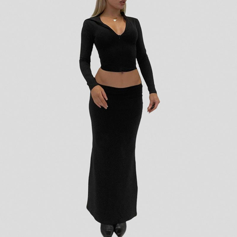 Damen Zweiteiliges Midriff-Set aus Stretchjersey mit V-Ausschnitt Crop-Top und taillenbetontem Maxi-Rock – Élanora