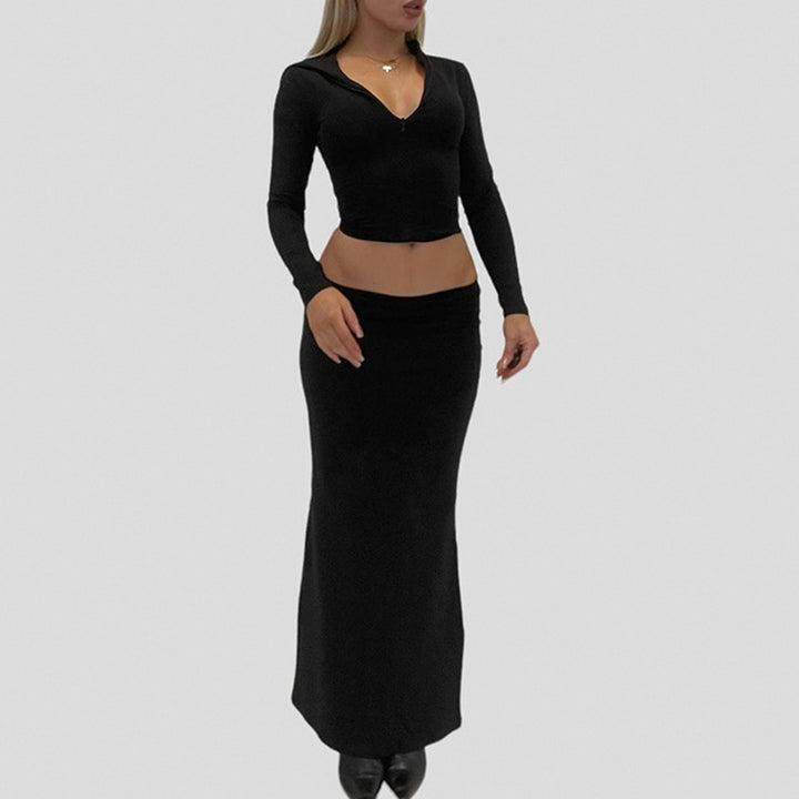 Damen Zweiteiliges Midriff-Set aus Stretchjersey mit V-Ausschnitt Crop-Top und taillenbetontem Maxi-Rock – Élanora