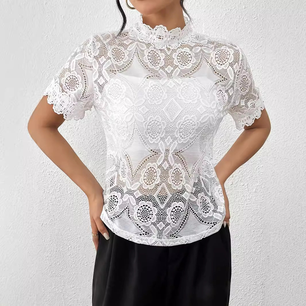Damen nan semi-transparentes Spitzen-Top mit hohem Rüschenkragen und blickdichter Brustpartie Echo Archiv