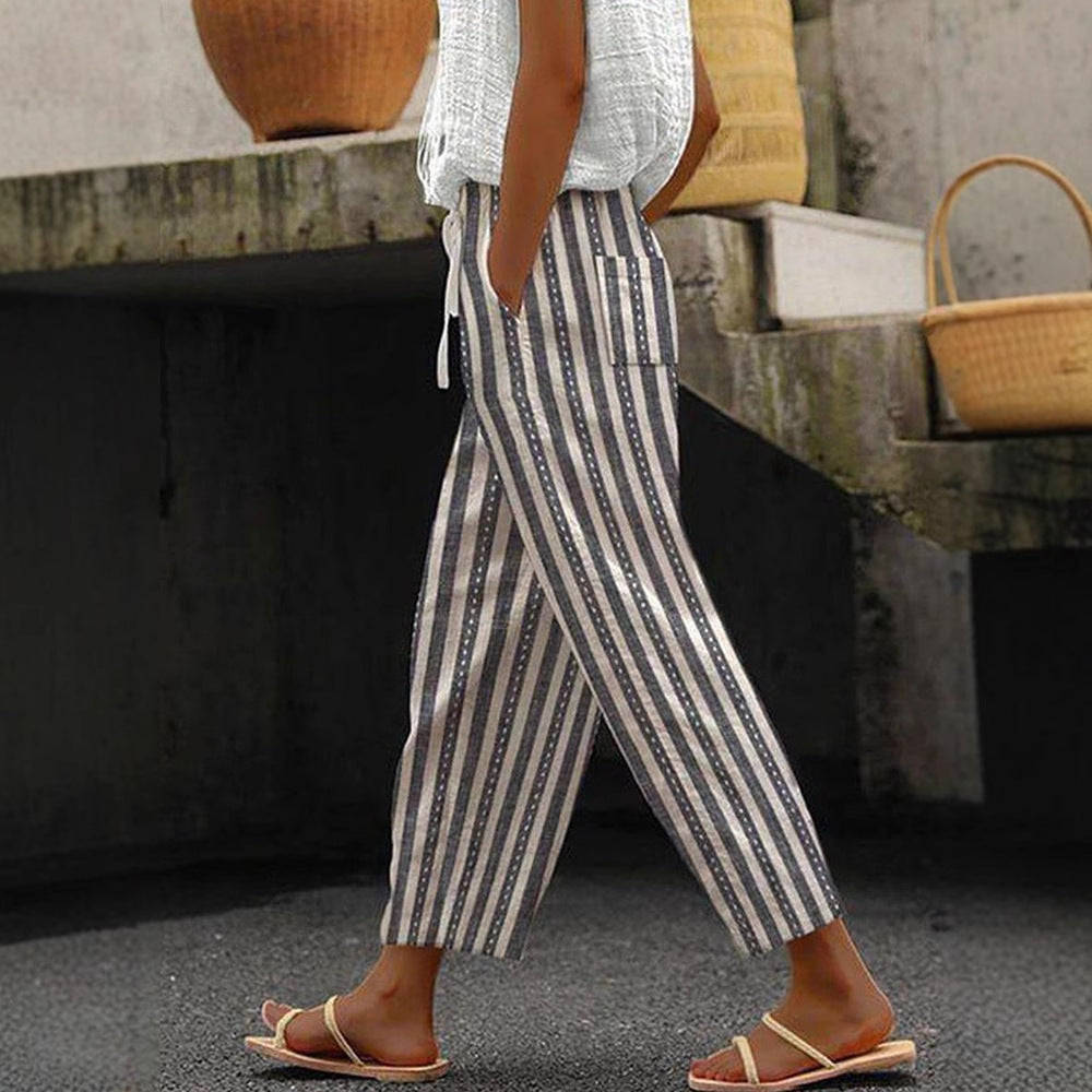 Damen Weite Leinenhose mit handgewebtem Muster Echoarchiv