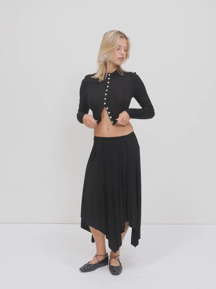Damen Cropped-Cardigan mit Perlmuttknöpfen und asymmetrischem Zipfel-Midirock – Élanora