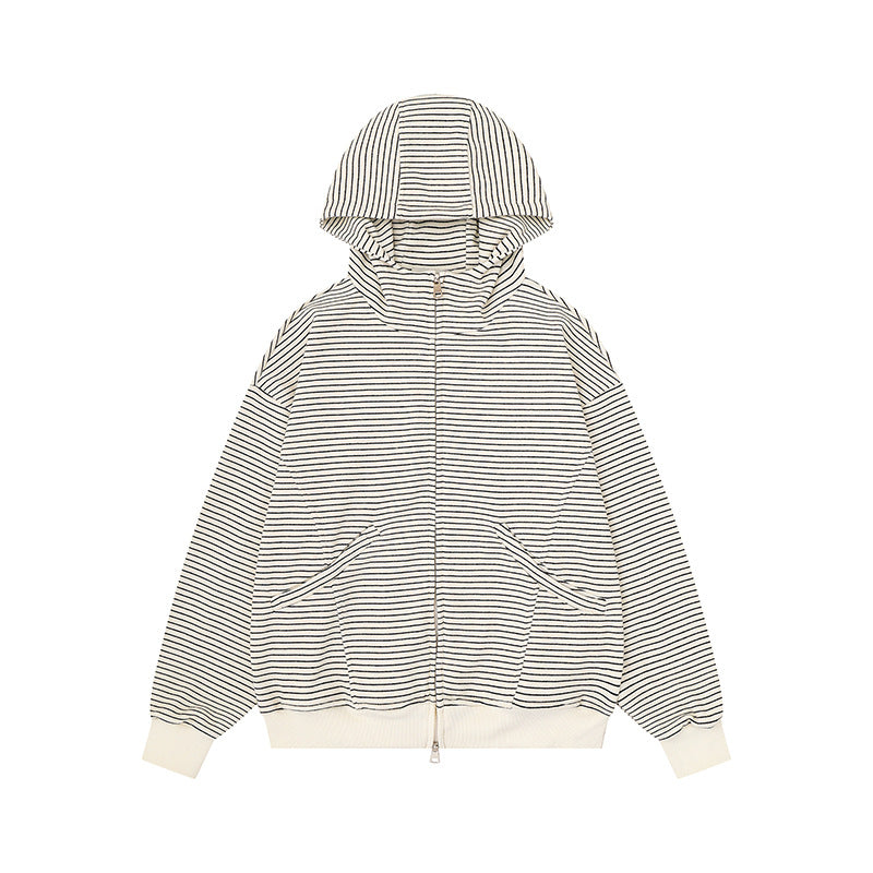 Unisex Gestreifte Kapuzen-Sweatjacke mit Reißverschluss und Kängurutaschen Echoarchiv