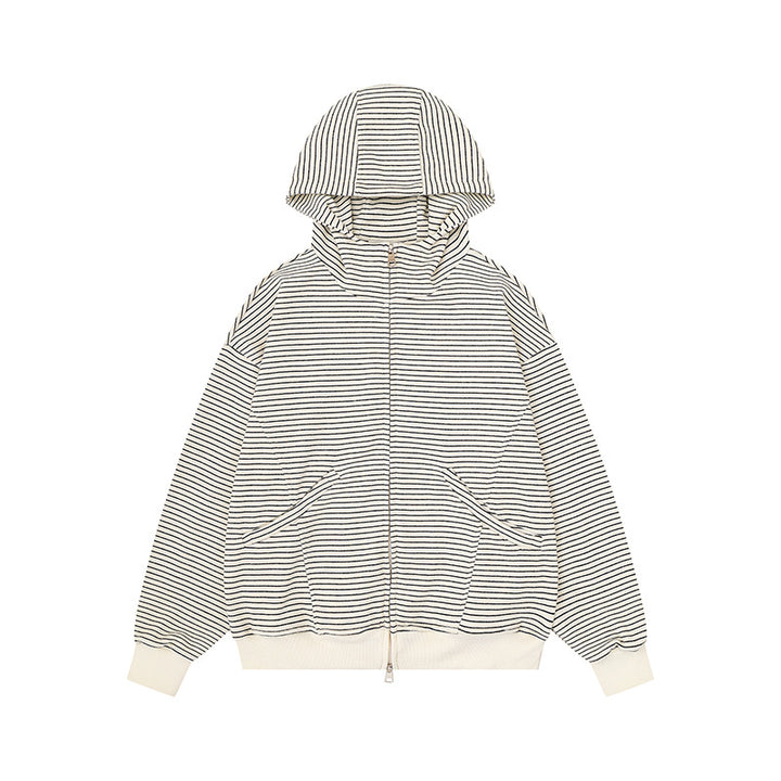 Unisex Gestreifte Kapuzen-Sweatjacke mit Reißverschluss und Kängurutaschen Echoarchiv