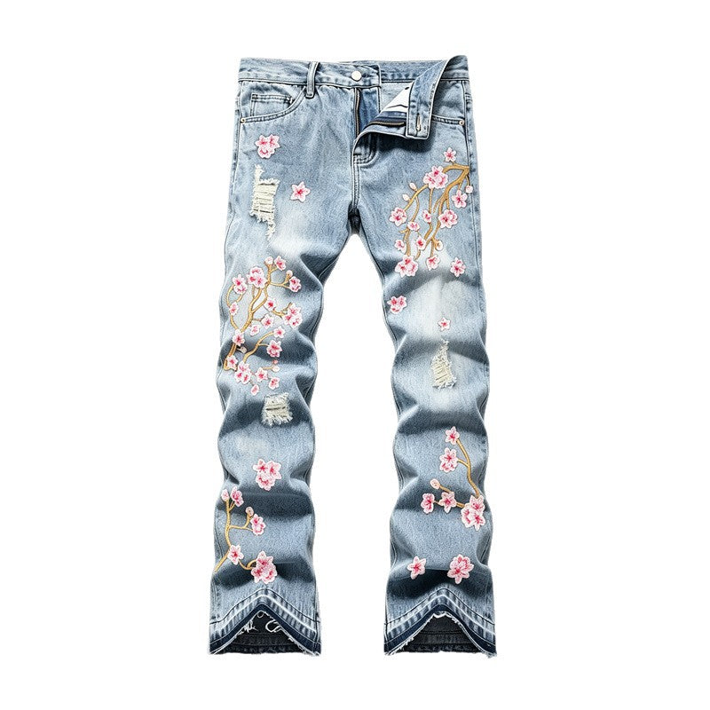 Damen Modische Flared Jeans mit Blumenstickerei Echoarchiv