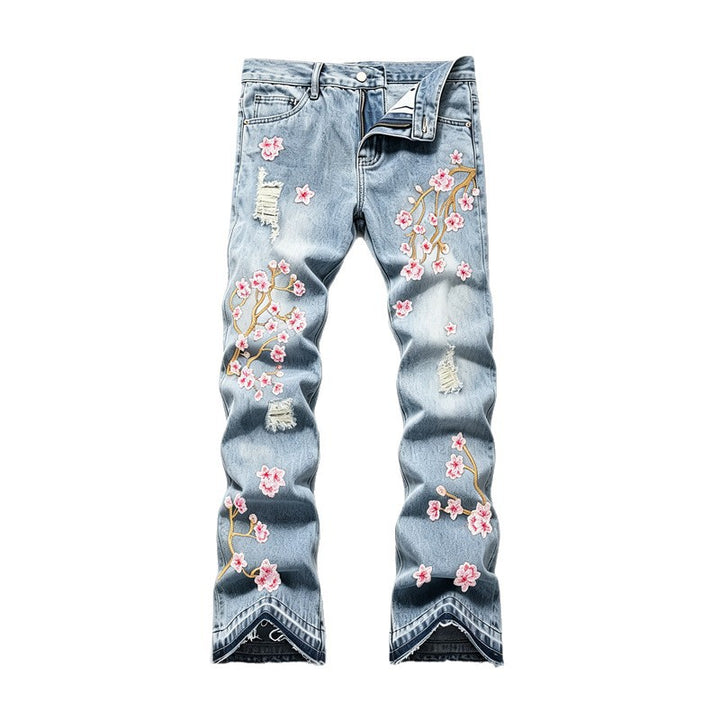Damen Modische Flared Jeans mit Blumenstickerei Echoarchiv