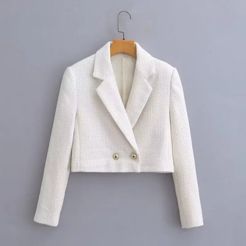 Damen kurze Bouclé-Cropped-Jacke mit Reverskragen und dekorativen Metallknöpfen – Célinea