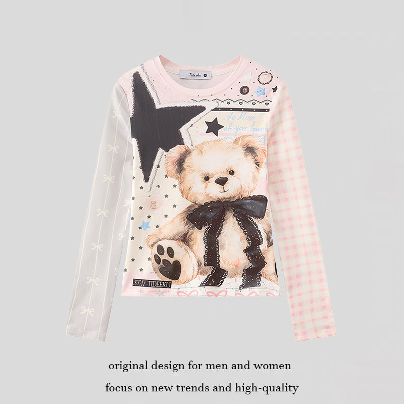 Damen Langarmshirt mit verspieltem Teddybär-Print, Mixed-Muster und Spitzenband Echoarchiv