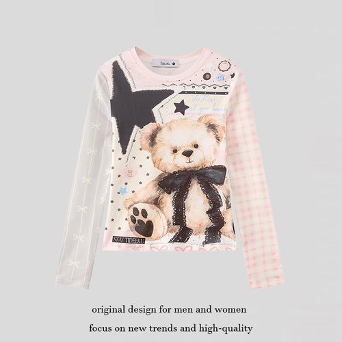 Damen Langarmshirt mit verspieltem Teddybär-Print, Mixed-Muster und Spitzenband Echoarchiv