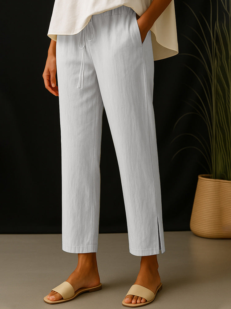 Damen Casual-Chino Leinenoptik Culotte mit elastischem Tunnelzugbund und Eingrifftaschen – Avélisse