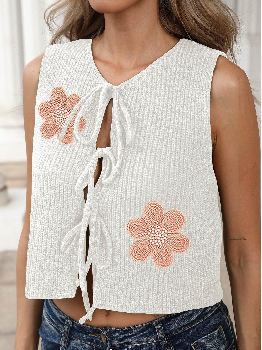 Damen luftiges Stricktop mit Blumenapplikationen Echo Archiv