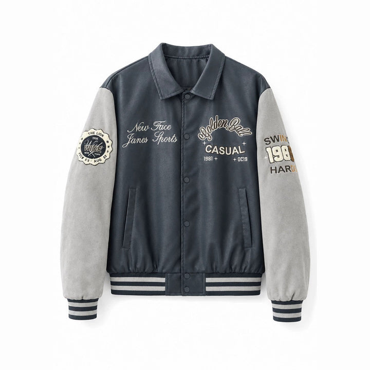 Herren Varsity-Bomberjacke im College-Stil mit Kunstleder-Körper, Veloursleder-Optikärmeln und bestickten Patches Echo Archiv