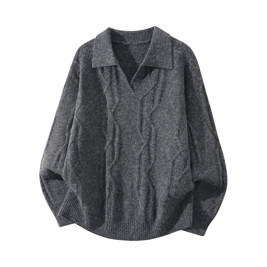 Damen Oversize Mohair‑Optik Zopfstrickpullover mit Polokragen und V‑Ausschnitt Echoarchiv