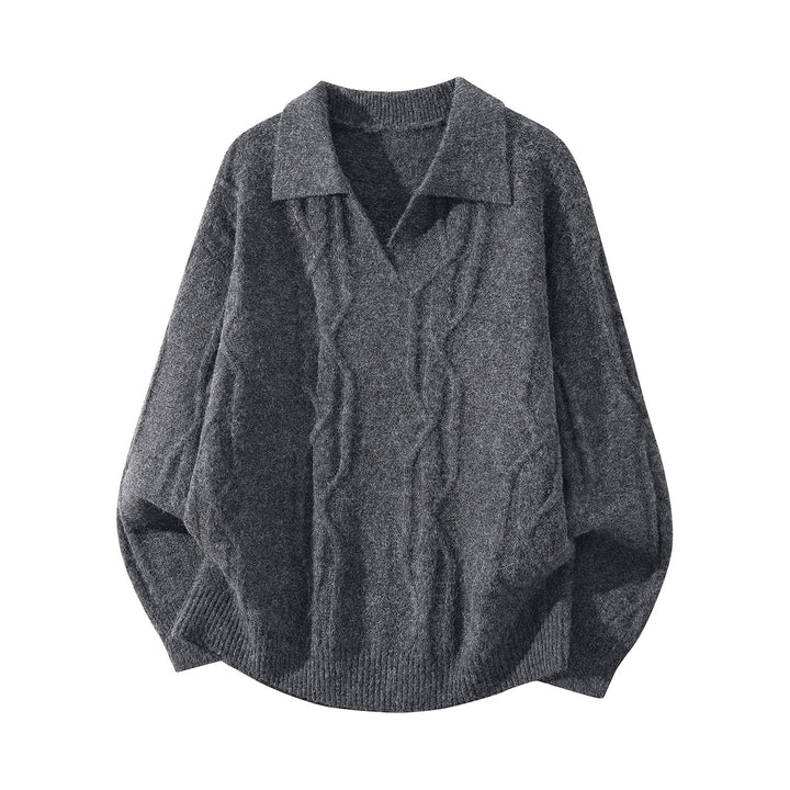 Damen Oversize Mohair‑Optik Zopfstrickpullover mit Polokragen und V‑Ausschnitt Echoarchiv
