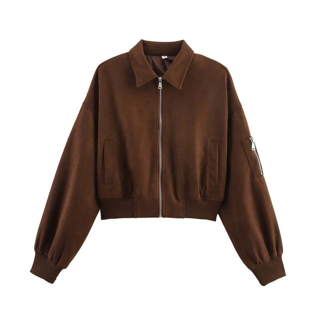 Damen nan cropped Bomberjacke im Velours-Look mit Reißverschluss, Ärmel-Taschen und geripptem Saum Echo Archiv