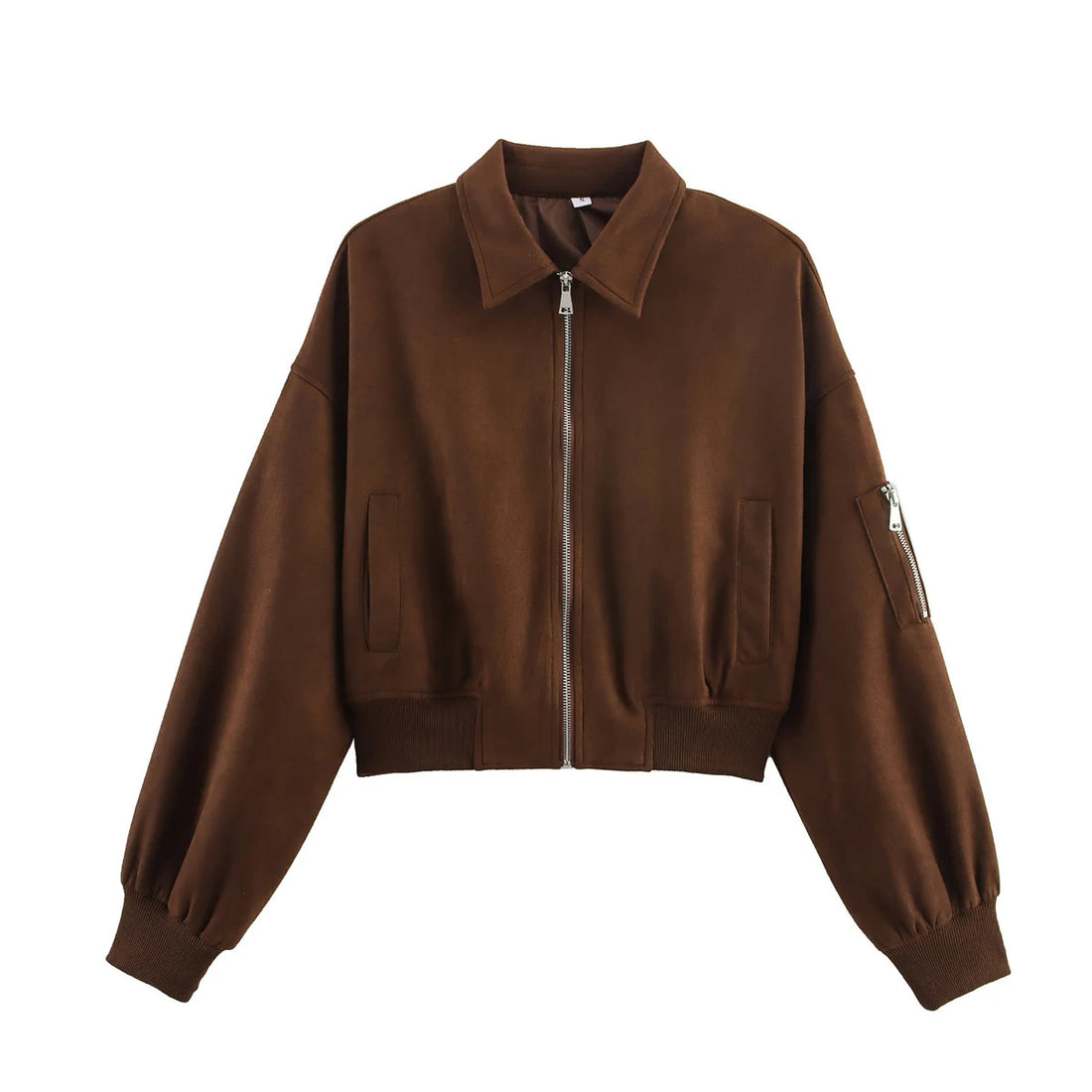 Damen cropped Bomberjacke im Velours-Look mit Reißverschluss, Ärmel-Taschen und geripptem Saum – Avenza