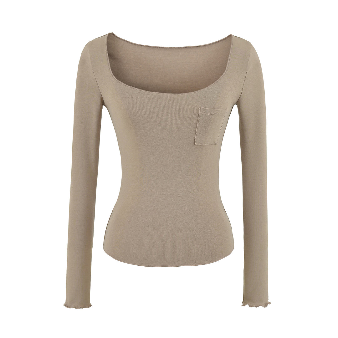 Damen Figurbetontes geripptes Langarmshirt mit weitem Quadrat-Ausschnitt und Brusttasche Echoarchiv