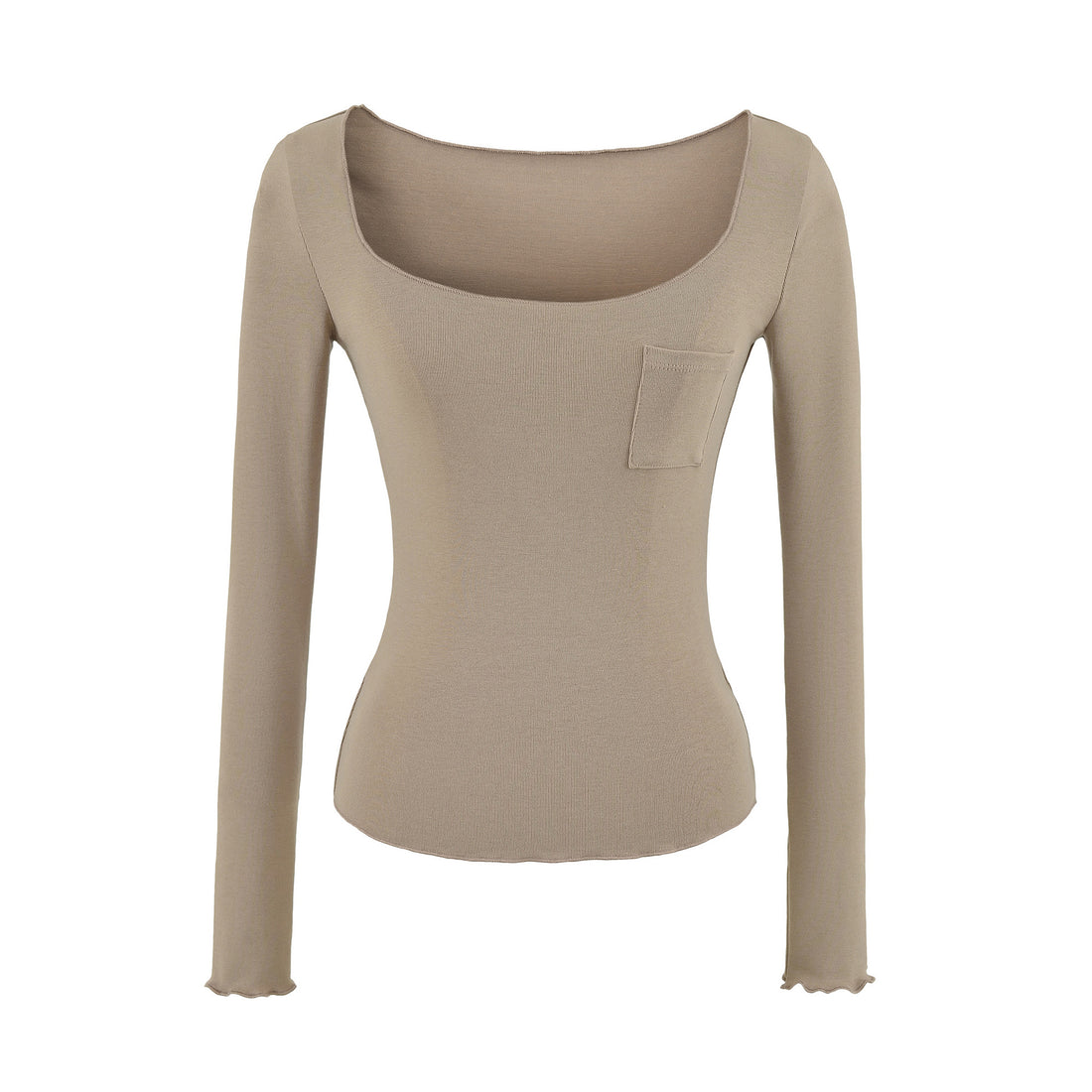 Damen Figurbetontes geripptes Langarmshirt mit weitem Quadrat-Ausschnitt und Brusttasche Echoarchiv
