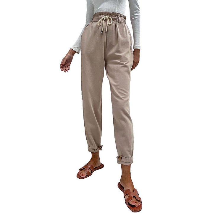 Damen Lässige Hose mit hohem Bund, Tunnelzug, Eingrifftaschen und konischer Beinform Echoarchiv