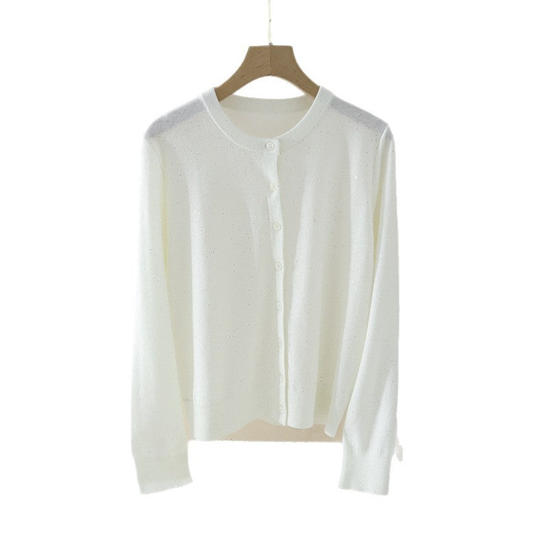 Damen Feiner Rundhals-Cardigan aus leichtem Feinstrick mit Perlmuttknopfleiste und dezentem Glitzereffekt Echo Archiv