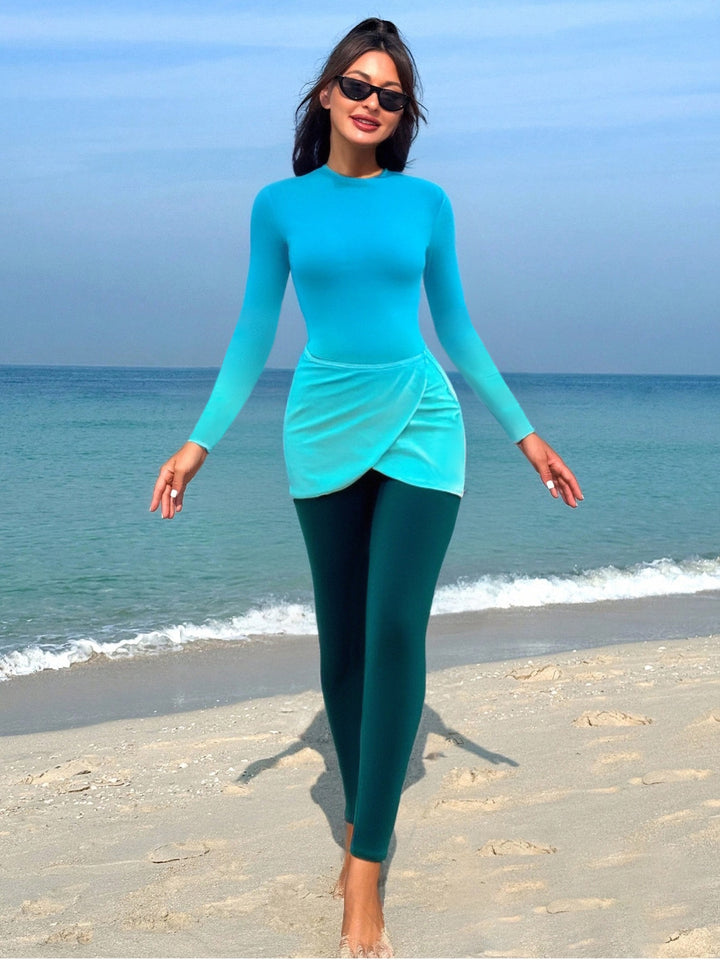 Damen Modischer Langarm-Schwimmanzug mit Wickelrock Echo Archiv