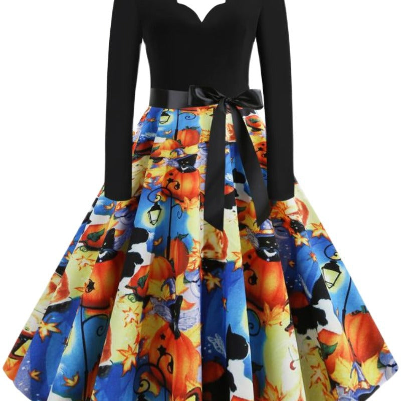 Damen Retro Swingkleid mit gewelltem Ausschnitt, langen Ärmeln und Halloween-Print Tellerrock – Élara