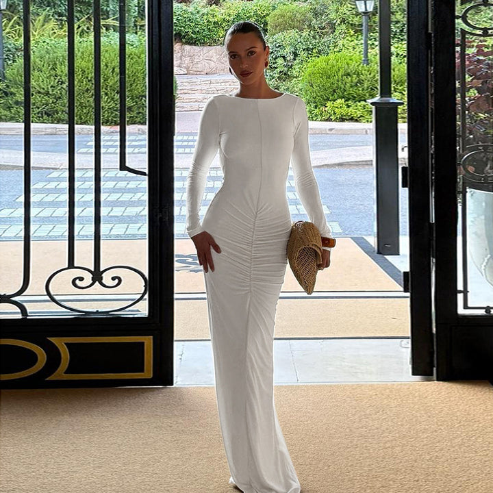 Damen Figurbetontes Maxikleid mit langen Ärmeln, geraffter Mittelnaht und Stretch-Jersey-Qualität – Avérine