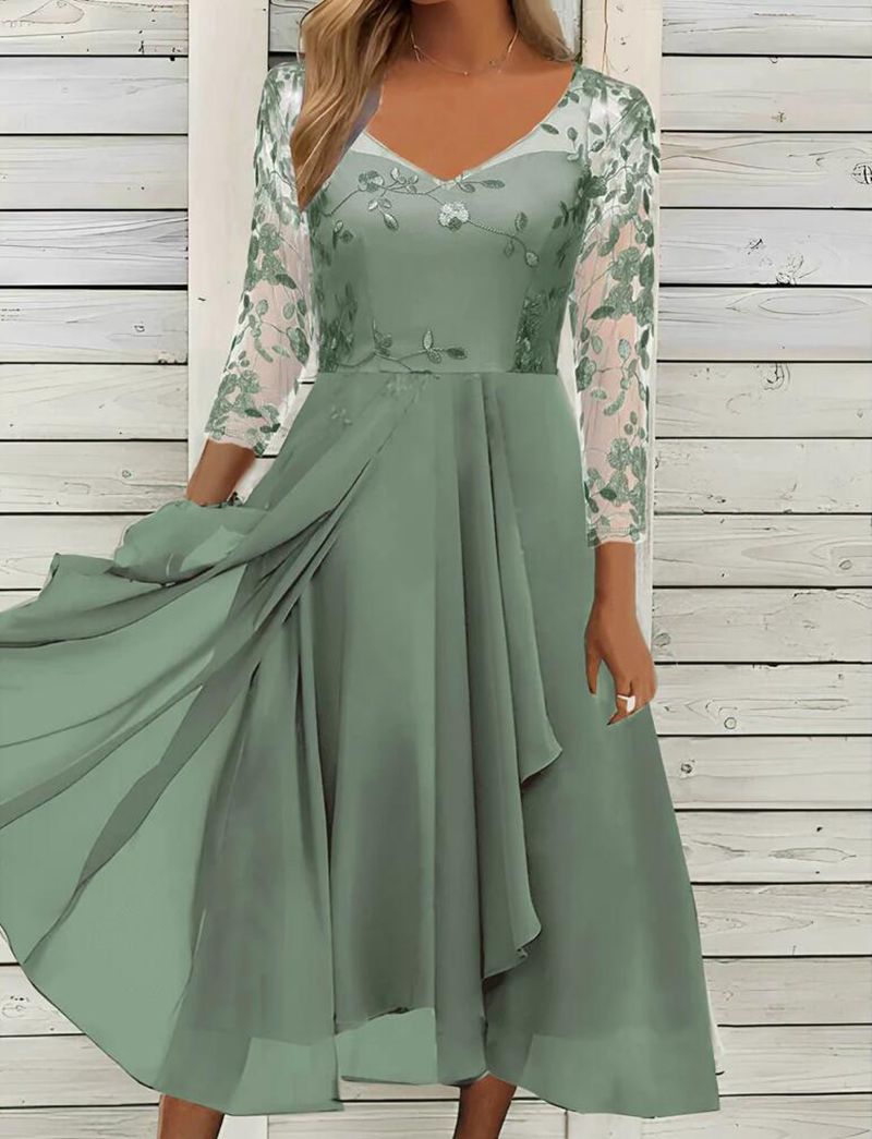 Damen nan V-Ausschnitt Chiffon-Midikleid mit besticktem Bustier, transparenten dreiviertel-Ärmeln und asymmetrischem Lagenrock Echo Archiv