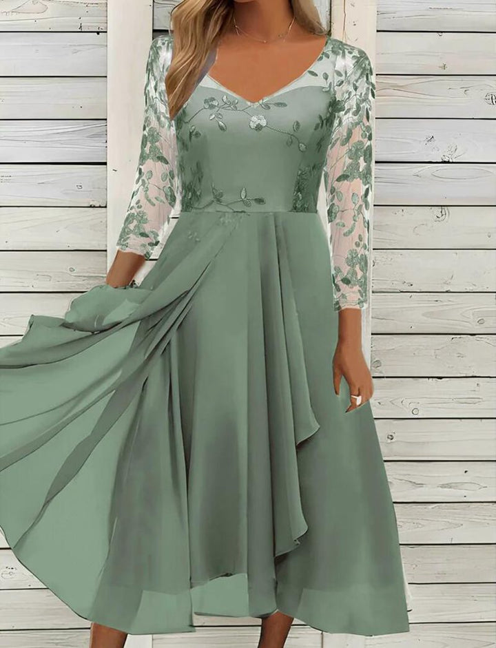 Damen nan V-Ausschnitt Chiffon-Midikleid mit besticktem Bustier, transparenten dreiviertel-Ärmeln und asymmetrischem Lagenrock Echo Archiv