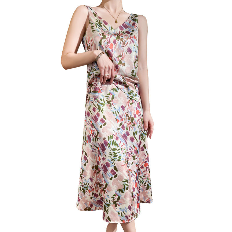 Damen Satin-Midirock mit abstraktem Aquarell-Blumenprint und hohem Bund Echoarchiv