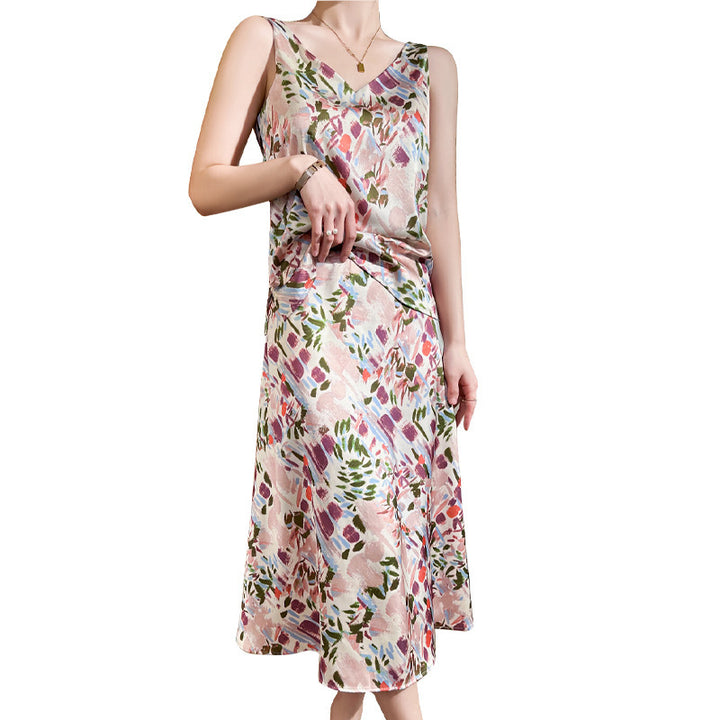 Damen Satin-Midirock mit abstraktem Aquarell-Blumenprint und hohem Bund Echoarchiv