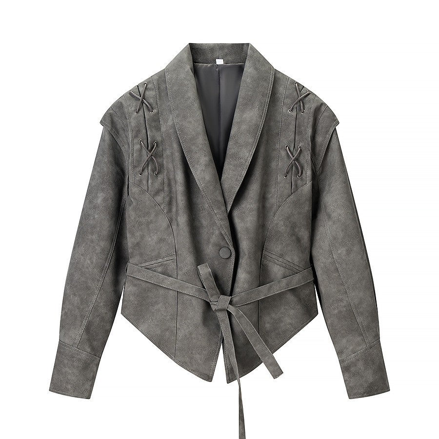 Damen Kurzjacke aus Veloursoptik mit Wickelgürtel und Schnürdetail Echo Archiv