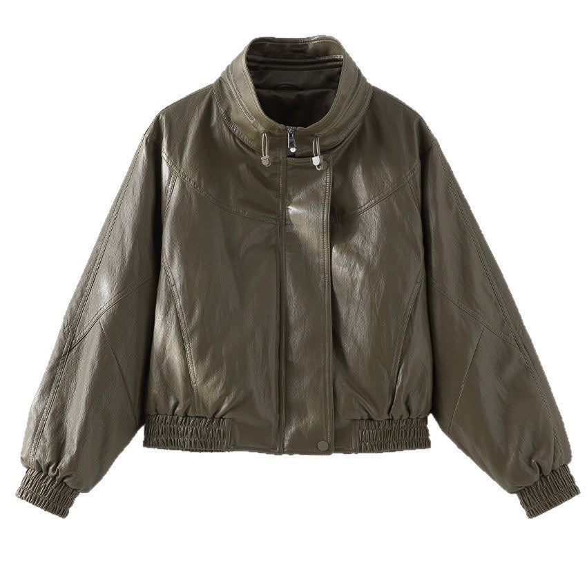 Damen Oversized Lederimitat-Bomberjacke mit Stehkragen und elastischem Saum Echoarchiv