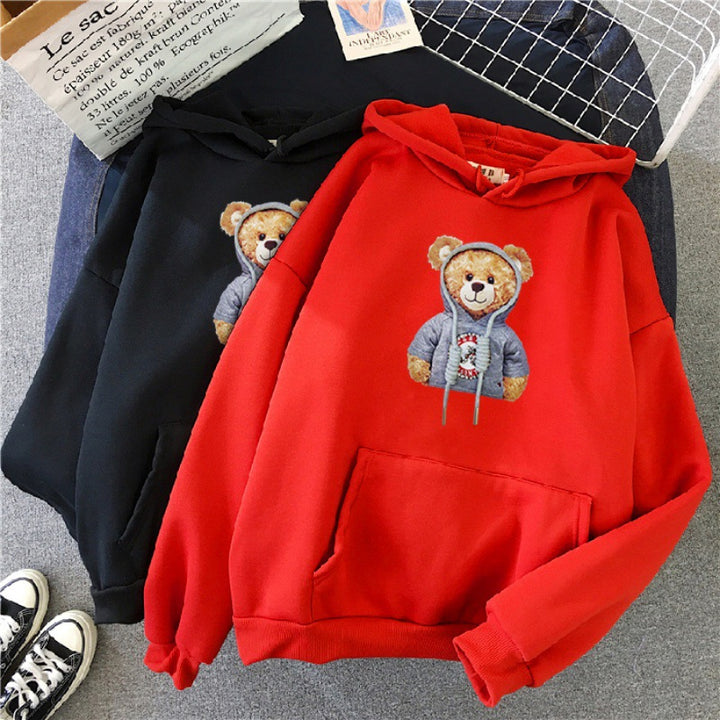 Unisex lässiger Oversize Kapuzenpullover mit Teddy-Frontprint, Kängurutasche und weichem Fleece-Innenfutter – Auréline