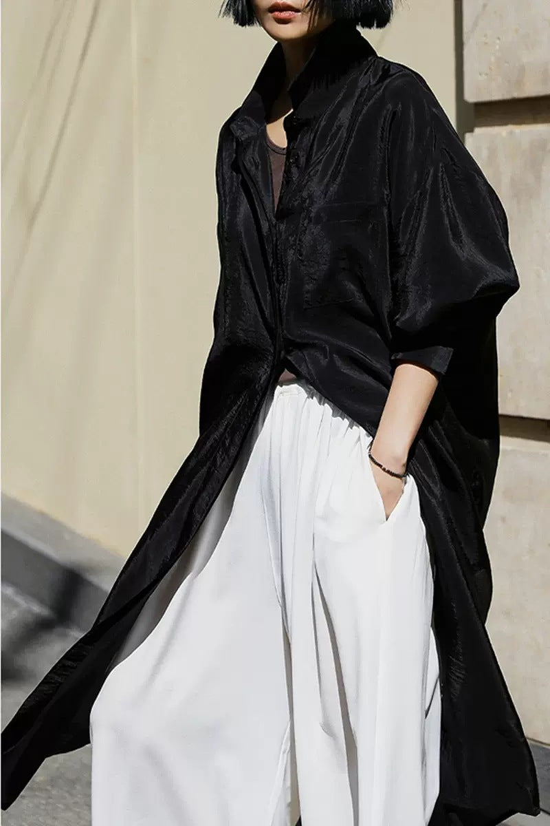 Damen Oversize Hemdblusen-Mantel mit Brusttasche, Seitenschlitz und fließender Leinenoptik – Maréline