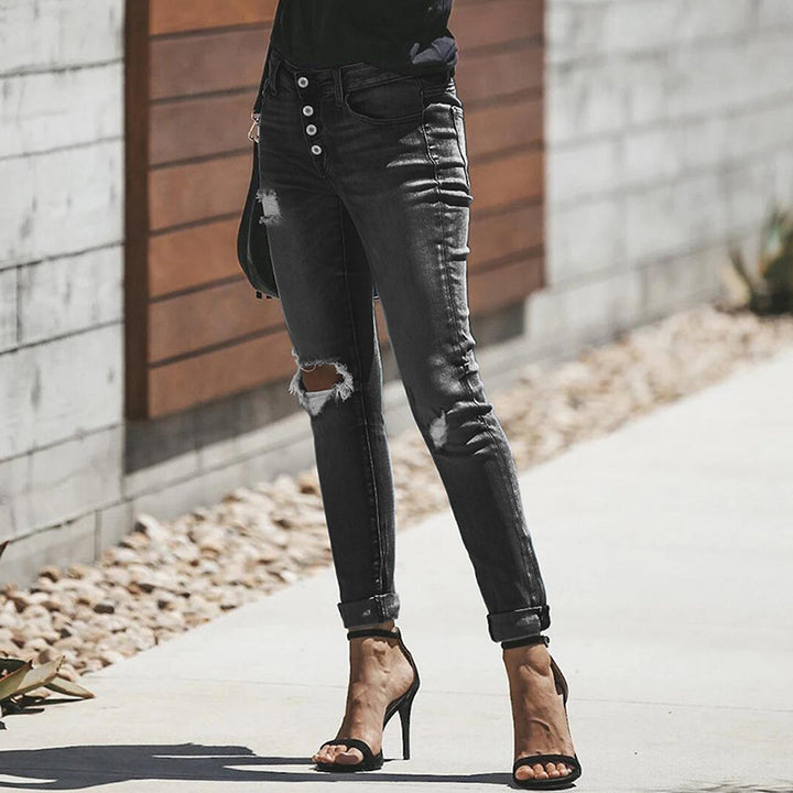 Damen Skinny-Jeans mit hoher Knopfleiste und lässigem Ripped-Used-Look Echo Archiv