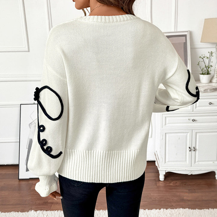 Damen Strickpullover mit kontrastierter Kordelblumenapplikation und Rippbündchen Echoarchiv
