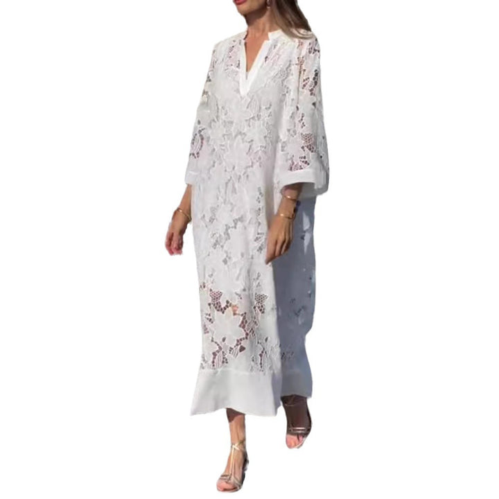 Damen nan luftiges Spitzen-Maxikleid mit floraler Ajourstickerei, lockerem Kimonoärmelschnitt und leichtem Unterkleid Echo Archiv