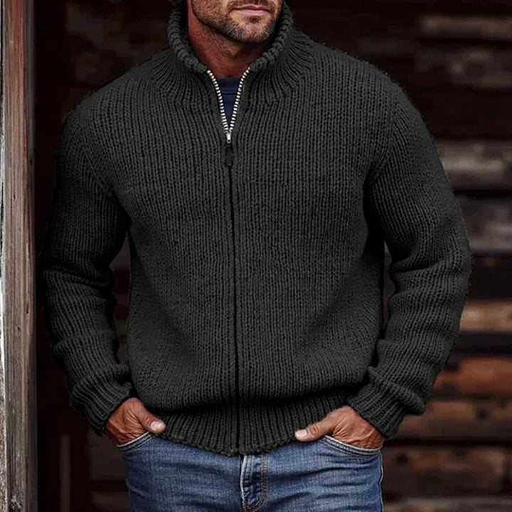 Herren Grobstrick-Cardigan mit Stehkragen und durchgehendem Reißverschluss Echoarchiv
