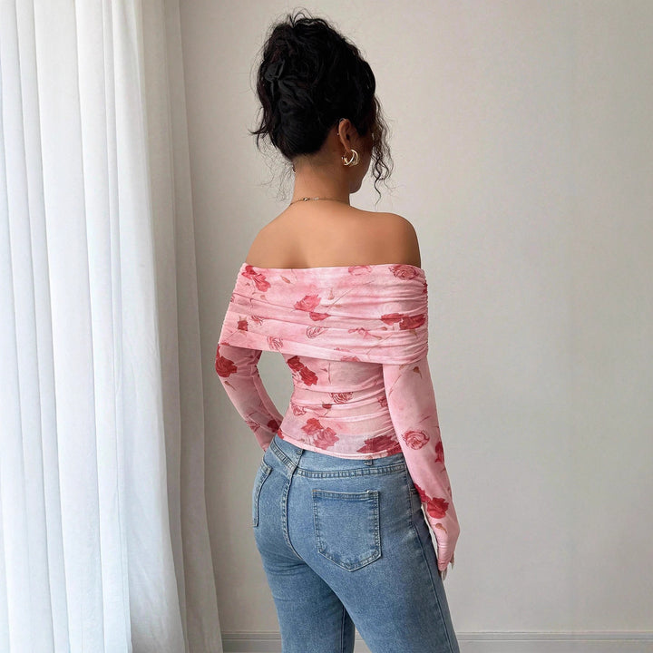 Damen nan schulterfreies gerafftes Langarm-Oberteil aus feinem Mesh mit floralem Print und taillierter Silhouette Echo Archiv